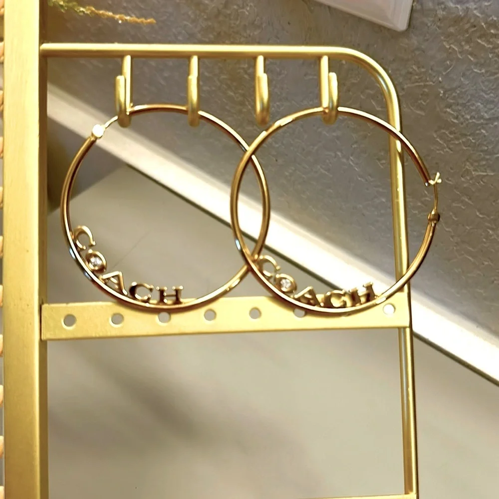 New Coach Signature Medium Large Hoop Earrings Gold with Rhinestone - Picture 7 of 10